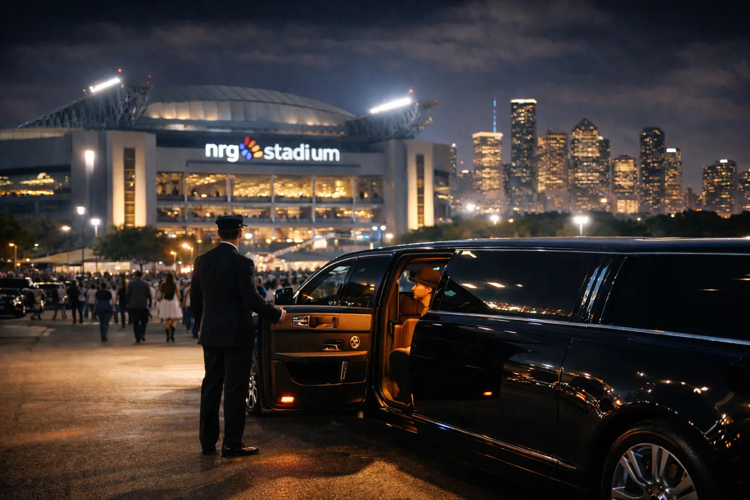 Luxury limousine Houston Rodeo transportation at night
